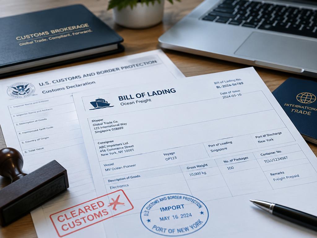 Customs declaration and bill of lading documents on a desk