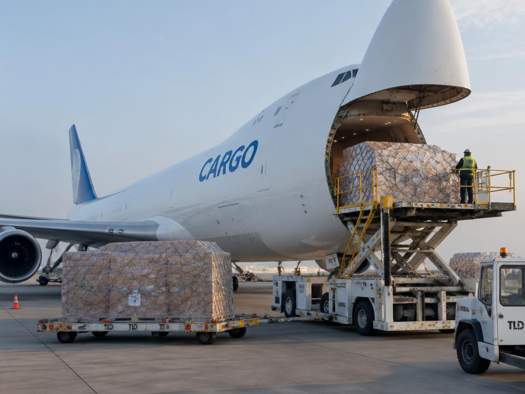 Air cargo freighter being loaded with pallets