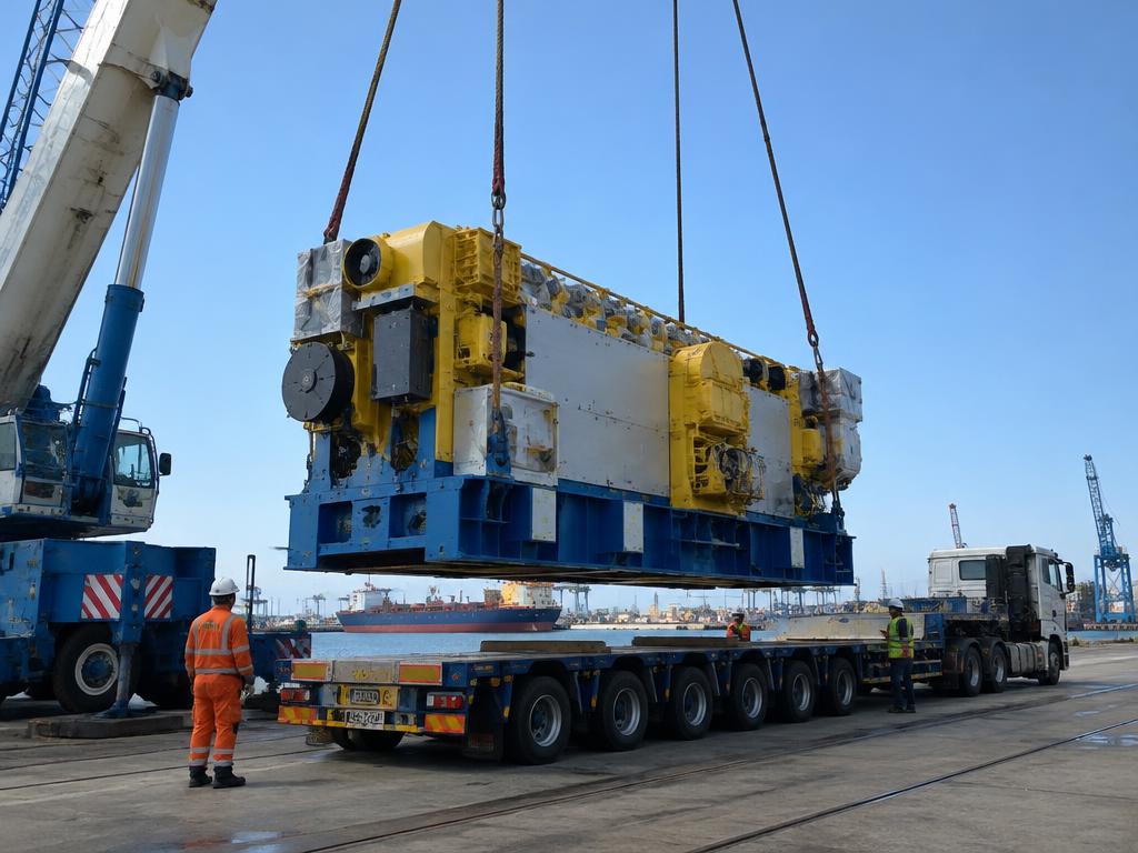 Heavy industrial machinery lifted by crane onto a flatbed truck