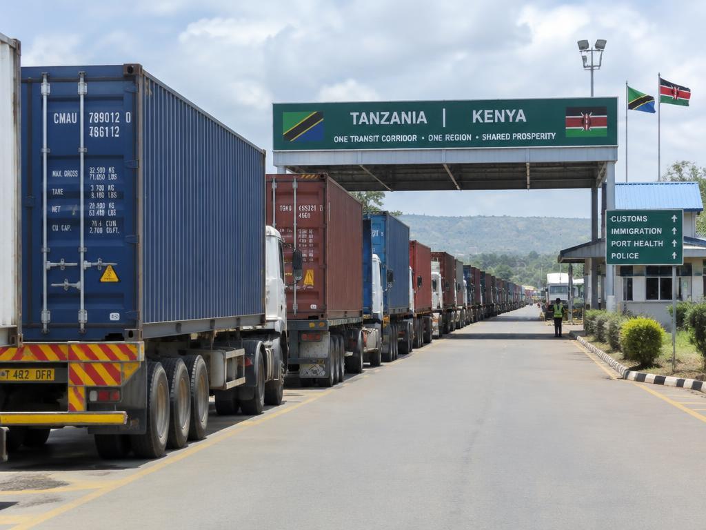 Cargo trucks queued at an East African border crossing